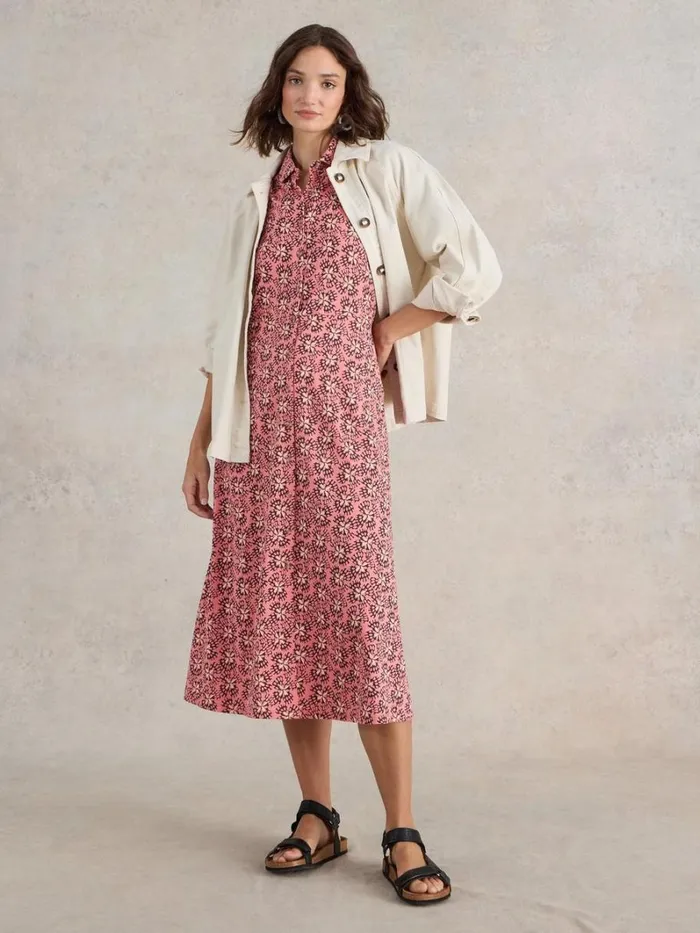 White Stuff DRESSES Rua Jersey Shirt Midi Dress Pink Print 8211 Women