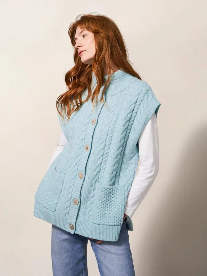 White Stuff KNITWEAR Chestnut Cable Knit Pocket Poncho Light Blue 8211 Women
