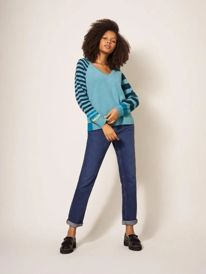 White Stuff KNITWEAR CLARA V NECK CASHMERE JUMPER Blue Multi 8211 Women White Stuff KNITWEAR CLARA V NECK CASHMERE JUMPER Blue Multi 8211 Women