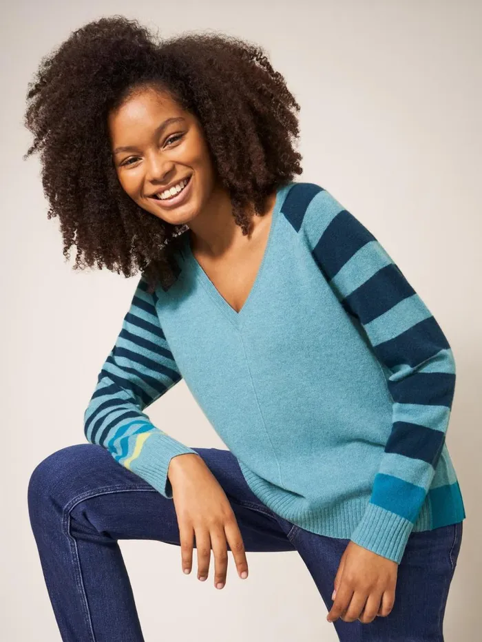 White Stuff KNITWEAR CLARA V NECK CASHMERE JUMPER Blue Multi 8211 Women White Stuff KNITWEAR CLARA V NECK CASHMERE JUMPER Blue Multi 8211 Women