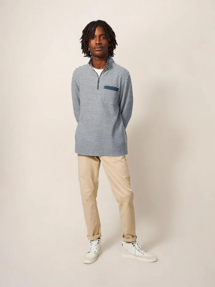 White Stuff KNITWEAR Garcie Stripe Zip Neck Jumper Chambray Blue 8211 Men