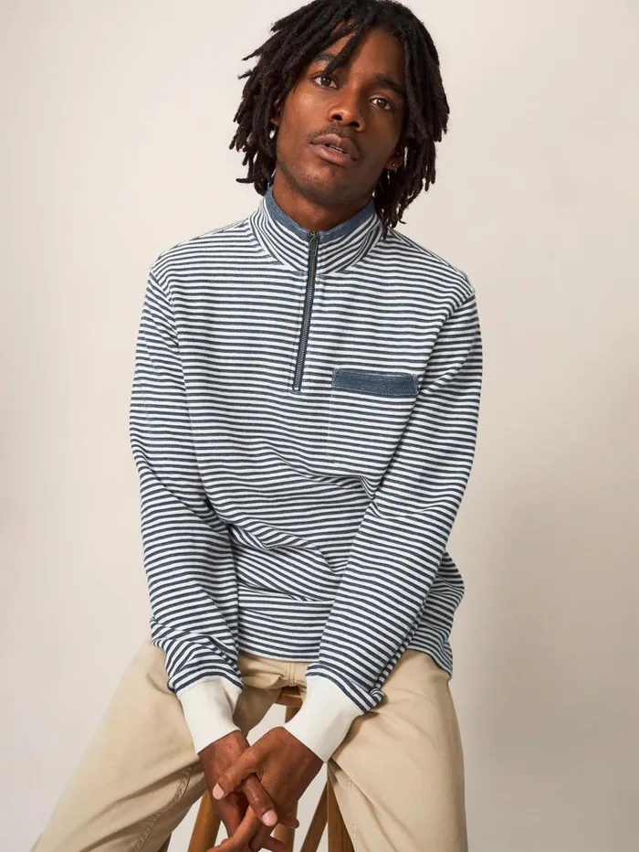 White Stuff KNITWEAR Garcie Stripe Zip Neck Jumper Chambray Blue 8211 Men White Stuff KNITWEAR Garcie Stripe Zip Neck Jumper Chambray Blue 8211 Men