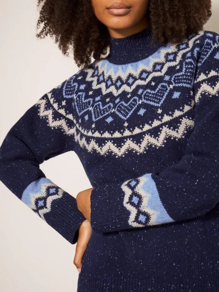 White Stuff KNITWEAR HEART LONGLINE FAIRISLE JUMPER Navy Multi 8211 Women