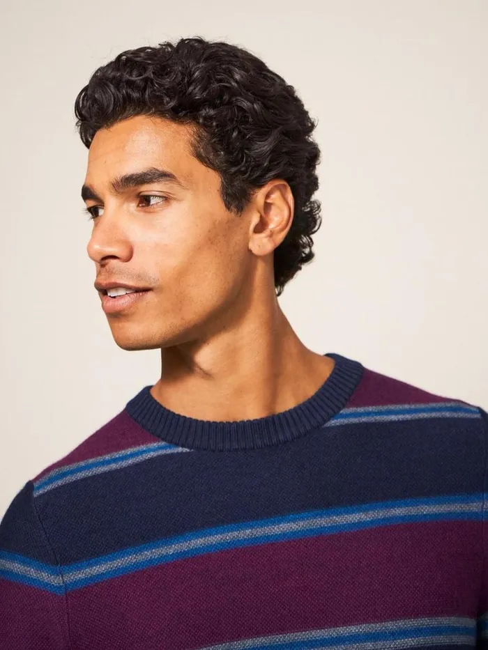White Stuff KNITWEAR Newport Merino Stripe Crew Navy Multi 8211 Men