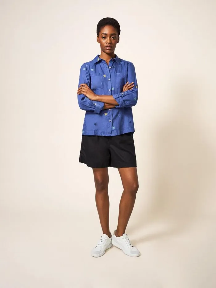 White Stuff SHIRTS and BLOUSES Layla Emb Linen Shirt Blue Multi 8211 Women