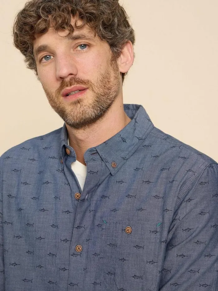 White Stuff SHIRTS Swordfish Printed Shirt Chambray Blue 8211 Men White Stuff SHIRTS Swordfish Printed Shirt Chambray Blue 8211 Men
