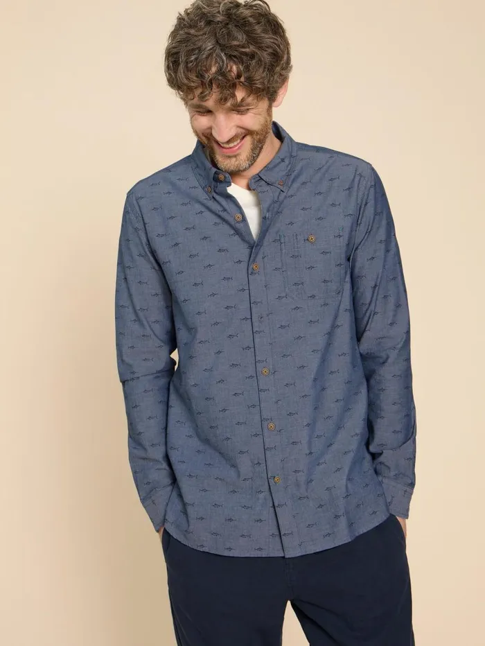 White Stuff SHIRTS Swordfish Printed Shirt Chambray Blue 8211 Men White Stuff SHIRTS Swordfish Printed Shirt Chambray Blue 8211 Men