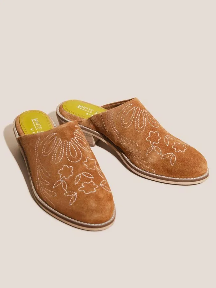 White Stuff SHOES Suede Embroidered Mule Mid Tan 8211 Women