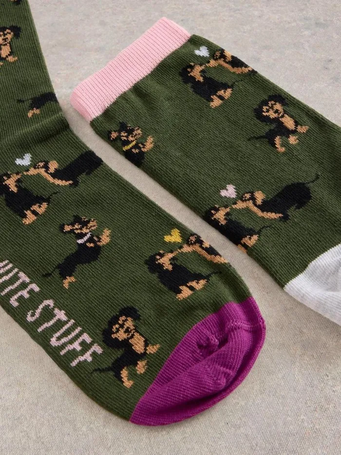 White Stuff SOCKS Kissing Sausage Dog Ankle Sock Green Multi 8211 Women
