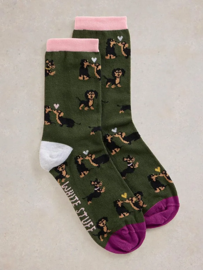 White Stuff SOCKS Kissing Sausage Dog Ankle Sock Green Multi 8211 Women White Stuff SOCKS Kissing Sausage Dog Ankle Sock Green Multi 8211 Women