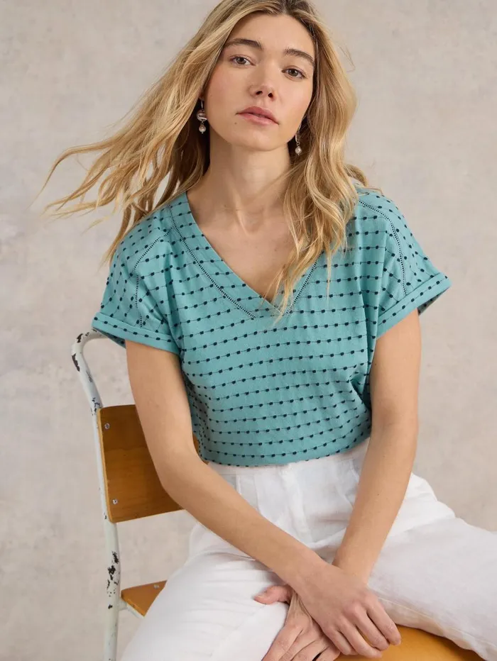 White Stuff TOPS and TEES EMBROIDERED STRIPE V NECK TEE Blue Multi 8211 Women White Stuff TOPS and TEES EMBROIDERED STRIPE V NECK TEE Blue Multi 8211 Women