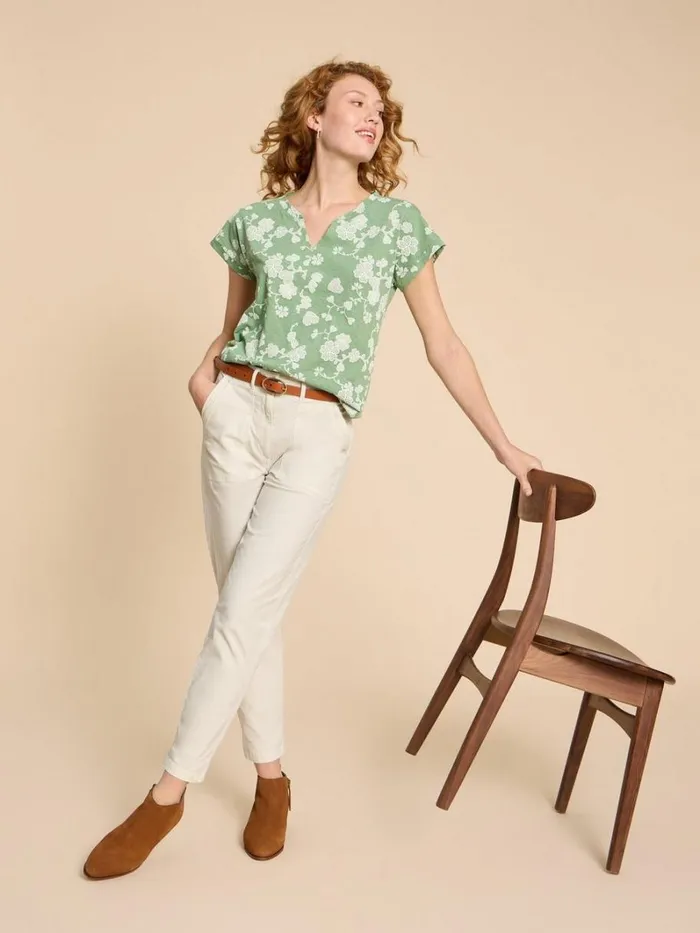 White Stuff TOPS and TEES NELLY NOTCH NECK COTTON TEE Green Print 8211 Women
