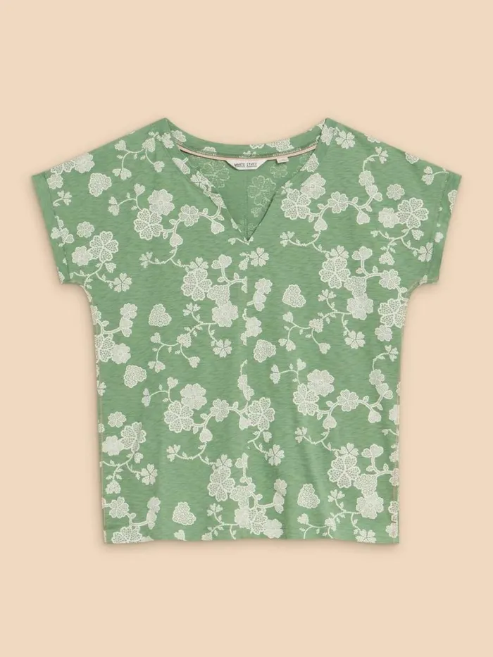 White Stuff TOPS and TEES NELLY NOTCH NECK COTTON TEE Green Print 8211 Women White Stuff TOPS and TEES NELLY NOTCH NECK COTTON TEE Green Print 8211 Women