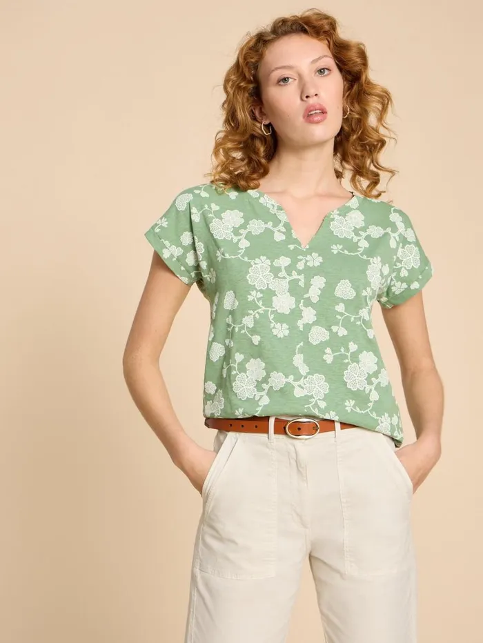 White Stuff TOPS and TEES NELLY NOTCH NECK COTTON TEE Green Print 8211 Women White Stuff TOPS and TEES NELLY NOTCH NECK COTTON TEE Green Print 8211 Women