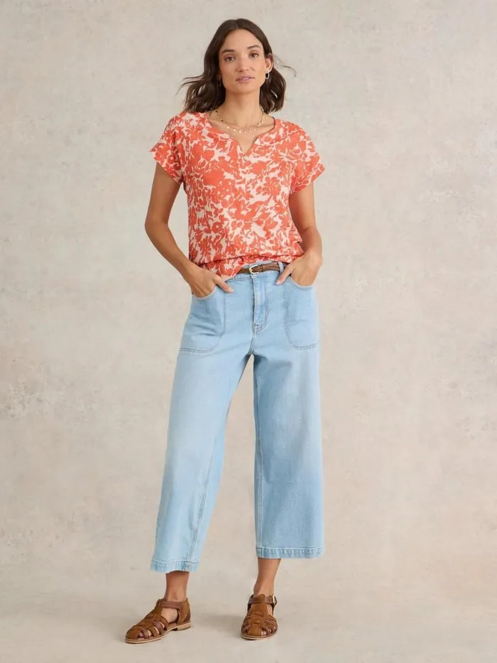 White Stuff TOPS and TEES NELLY NOTCH NECK COTTON TEE Orange Print 8211 Women
