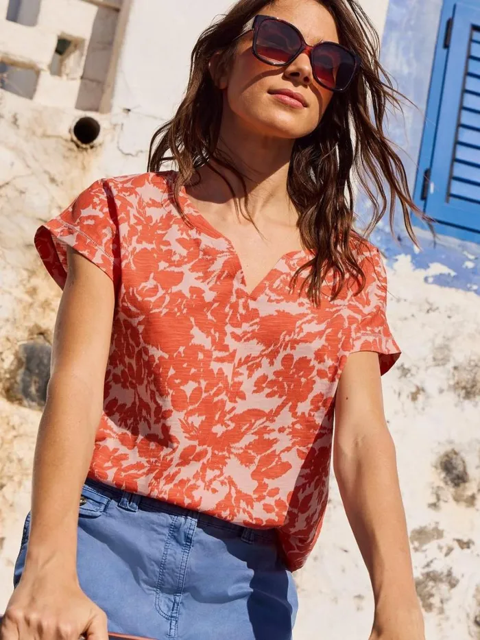 White Stuff TOPS and TEES NELLY NOTCH NECK COTTON TEE Orange Print 8211 Women White Stuff TOPS and TEES NELLY NOTCH NECK COTTON TEE Orange Print 8211 Women