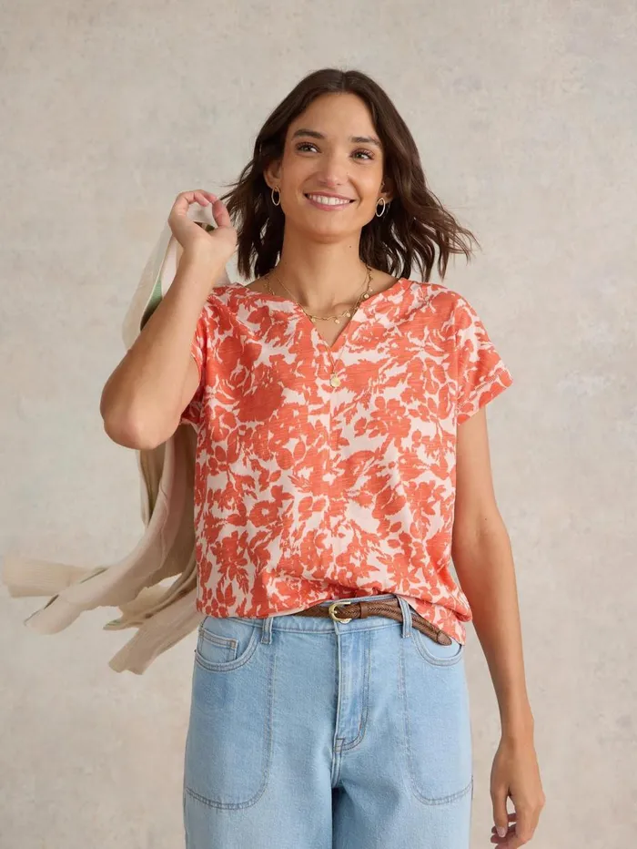 White Stuff TOPS and TEES NELLY NOTCH NECK COTTON TEE Orange Print 8211 Women White Stuff TOPS and TEES NELLY NOTCH NECK COTTON TEE Orange Print 8211 Women