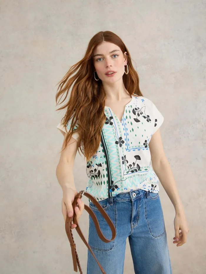 White Stuff TOPS and TEES NELLY NOTCH NECK COTTON TEE White Print 8211 Women White Stuff TOPS and TEES NELLY NOTCH NECK COTTON TEE White Print 8211 Women