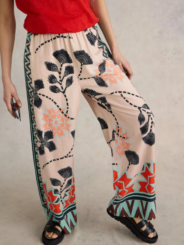 White Stuff TROUSERS Lucy Linen Blend Wide Trouser Natural Print 8211 Women