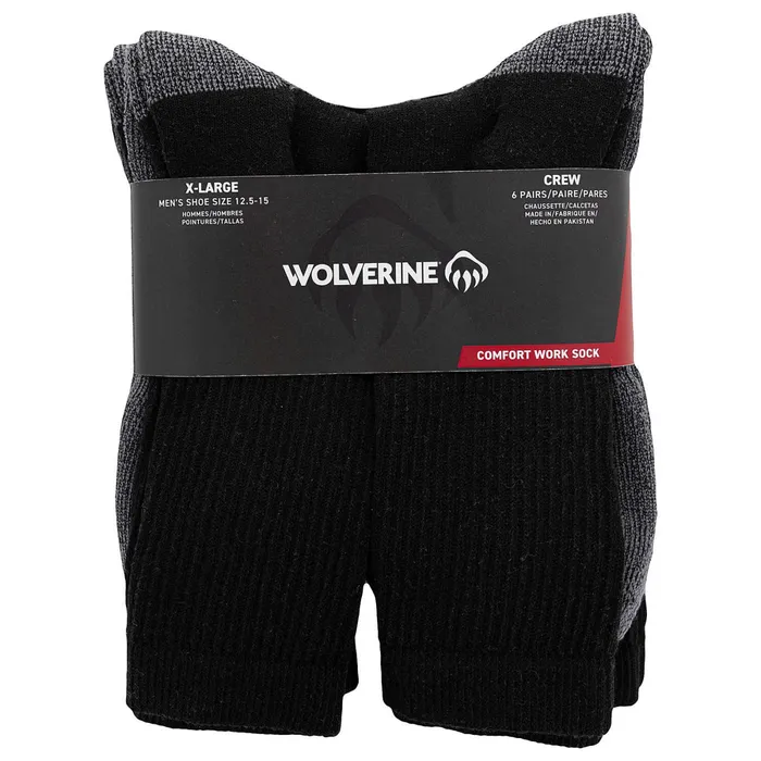 Wolverine 6PK Cotton Comfort SteelToe Crew Sock Black Men Socks