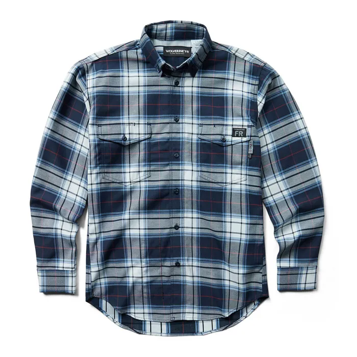 Wolverine FR Plaid Long Sleeve Twill Shirt Navy Plaid Men Clothing