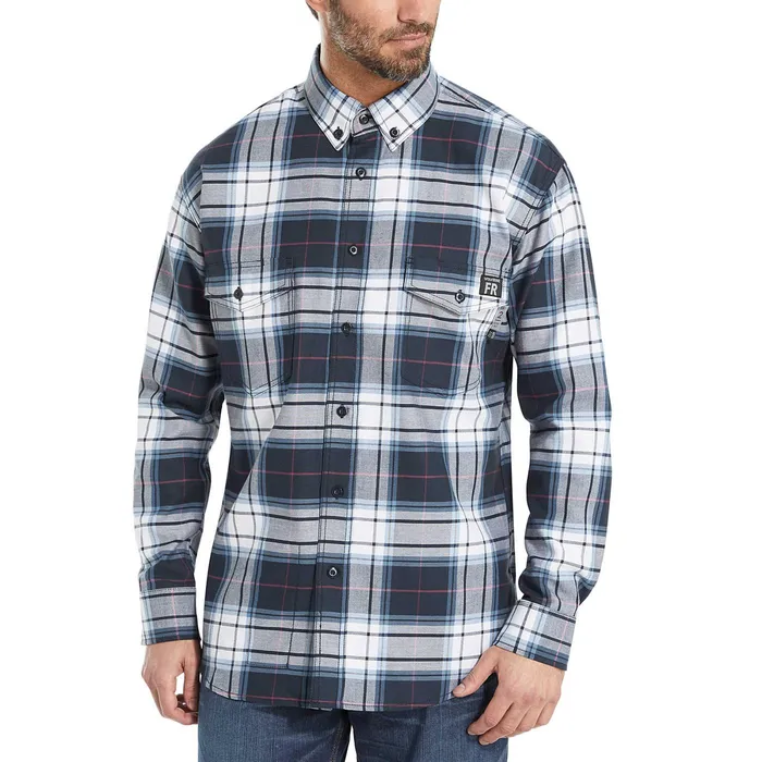 Wolverine FR Plaid Long Sleeve Twill Shirt Navy Plaid Men Clothing