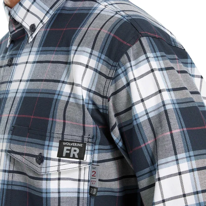 Wolverine FR Plaid Long Sleeve Twill Shirt Navy Plaid Men Clothing