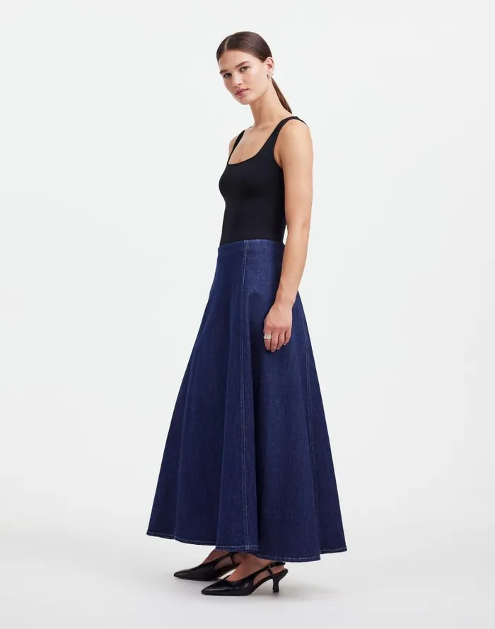 Women Alexa Chung For Madewell Denim Flare Midi Skirt In Pellson Wash Pellson Wash Madewell Skirts