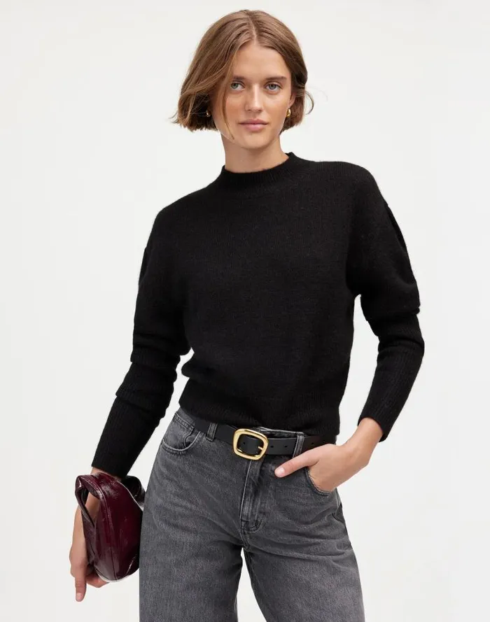 Women AlpacaBlend Mockneck Puff Sleeve Sweater True Black Madewell Sweaters