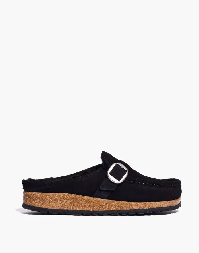 Women Birkenstock Suede Buckley Clogs In Shearling Black Suede Shearing Madewell Flats and Loafers