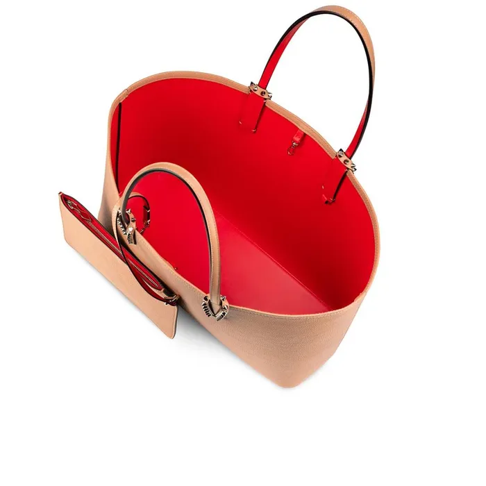 Women Cabata Tote Bag 8211 Grained Calf Leather And Spikes 8211 Nude Nude Christian Louboutin Shoulder Bags