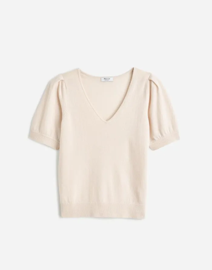 Women Cashmere VNeck PuffSleeve Sweater Tee Hthr Oat Madewell Sweaters