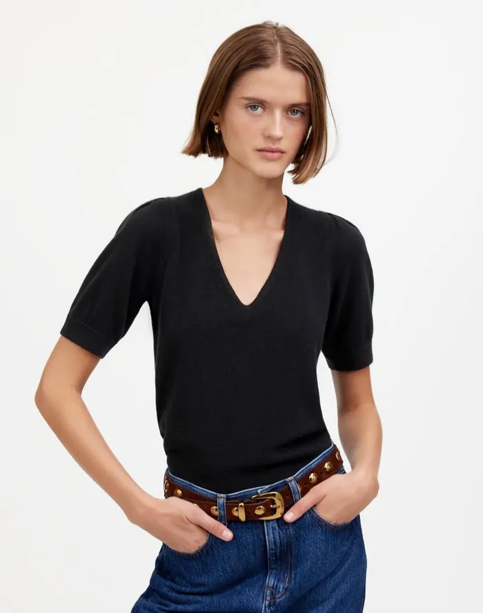 Women Cashmere VNeck PuffSleeve Sweater Tee Hthr Oat Madewell Sweaters