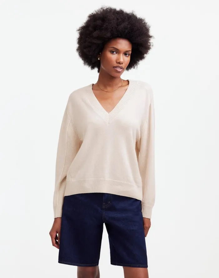 Women Cashmere VNeck Sweater Hthr Oat Madewell Sweaters