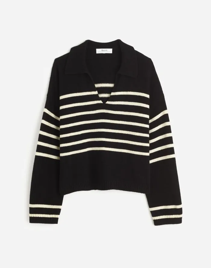 Women CashmereWool Blend Polo Sweater Asphalt Stripe Madewell Sweaters
