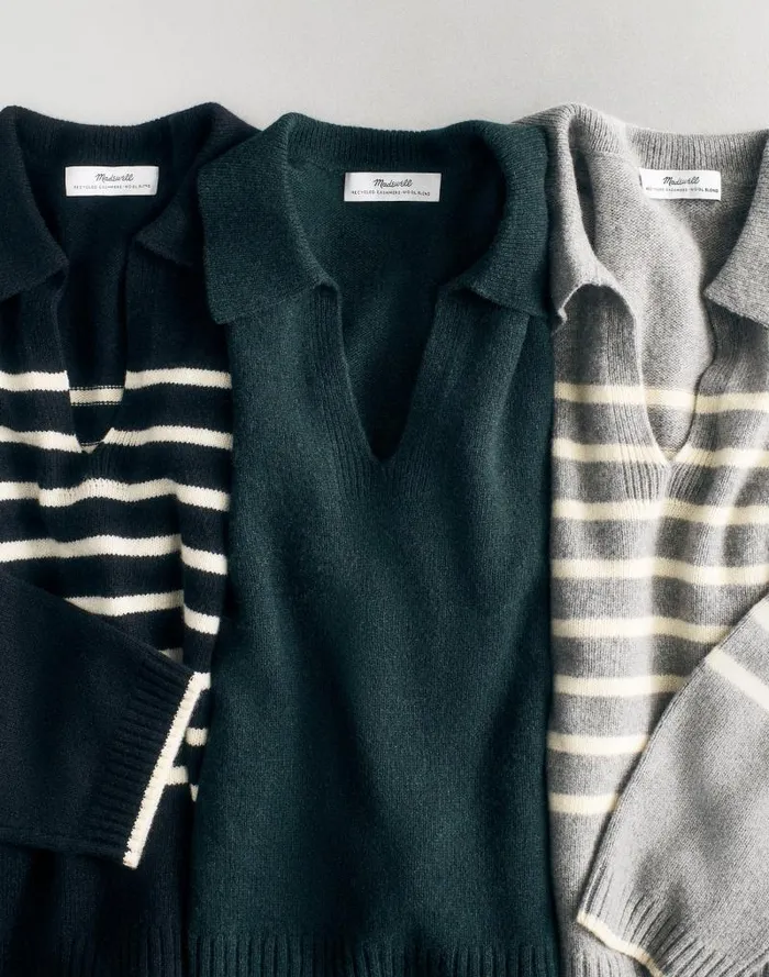 Women CashmereWool Blend Polo Sweater Asphalt Stripe Madewell Sweaters