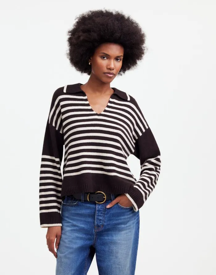 Women CashmereWool Blend Polo Sweater Espresso Brown Madewell Sweaters