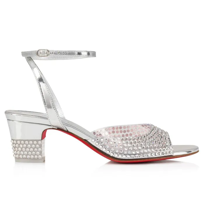 Women Cassandrissima 45 Mm Sandals 8211 PVC And Specchio Leather 8211 Crystal Silver Christian Louboutin Sandals and Slides