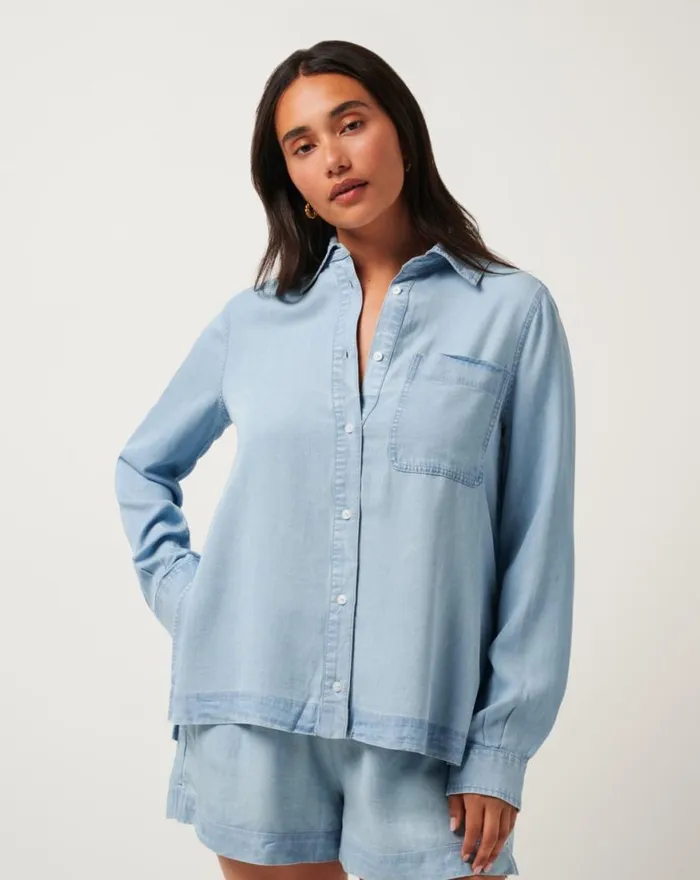 Women CHAMBRAY BUTTON DOWN LONG SLEEVE Light Wash TravisMathew Shirts and Tops