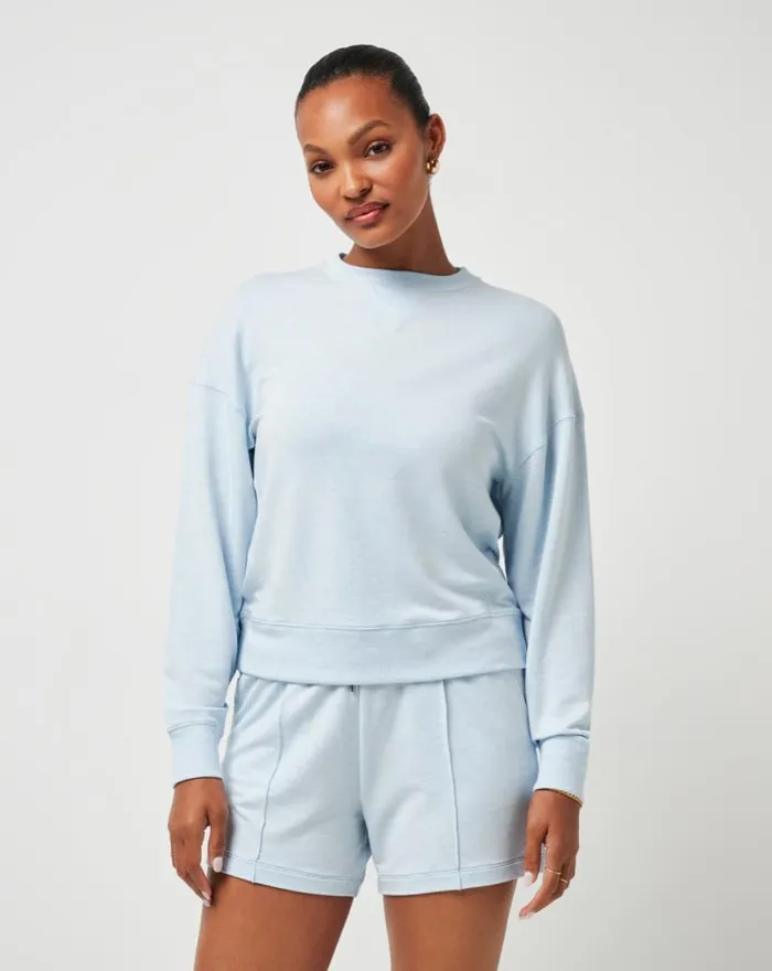 Women CLOUD TERRY CREW Heather Baby Blue TravisMathew Hoodies and Pullovers
