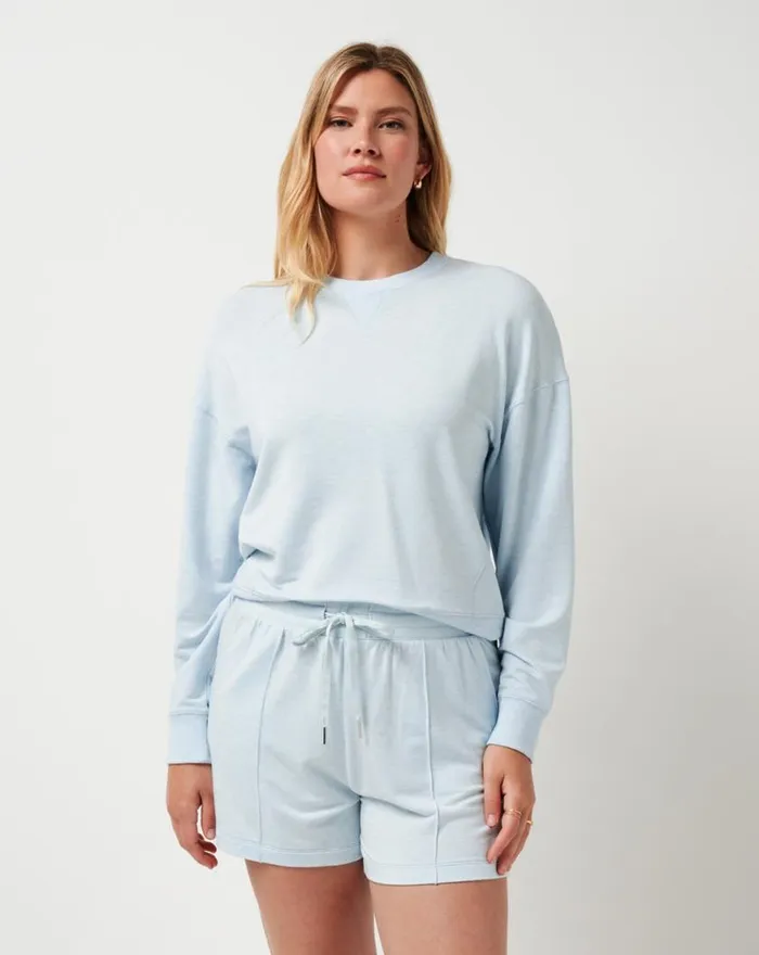 Women CLOUD TERRY CREW Heather Baby Blue TravisMathew Hoodies and Pullovers