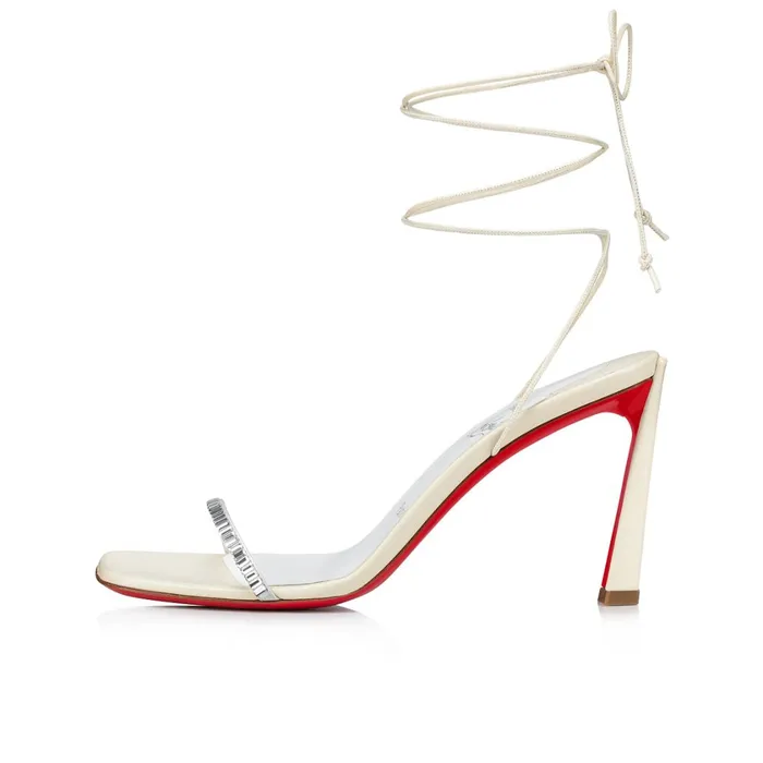 Women Condora Lacestrass 85 Mm Sandals 8211 Crepe Satin Suede And Strass 8211 Ivory White Christian Louboutin Sandals and Slides