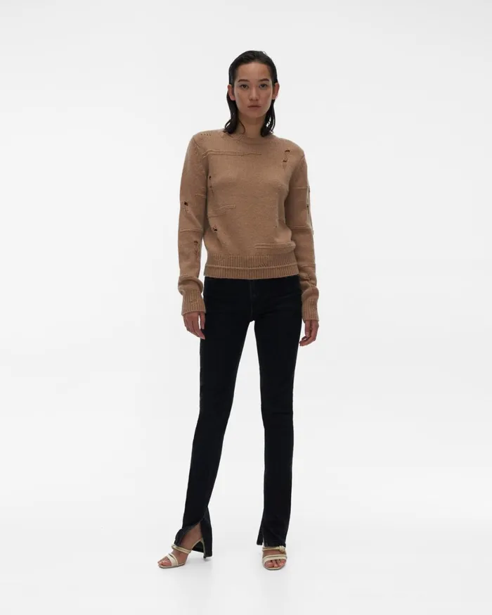 Women Distressed Crewneck Camel Helmut Lang Sweaters