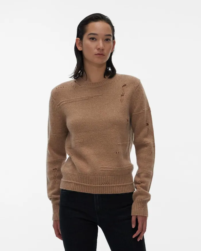 Women Distressed Crewneck Camel Helmut Lang Sweaters