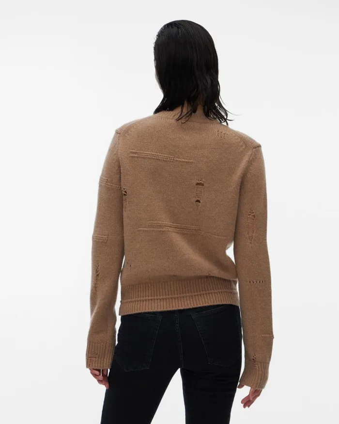 Women Distressed Crewneck Camel Helmut Lang Sweaters