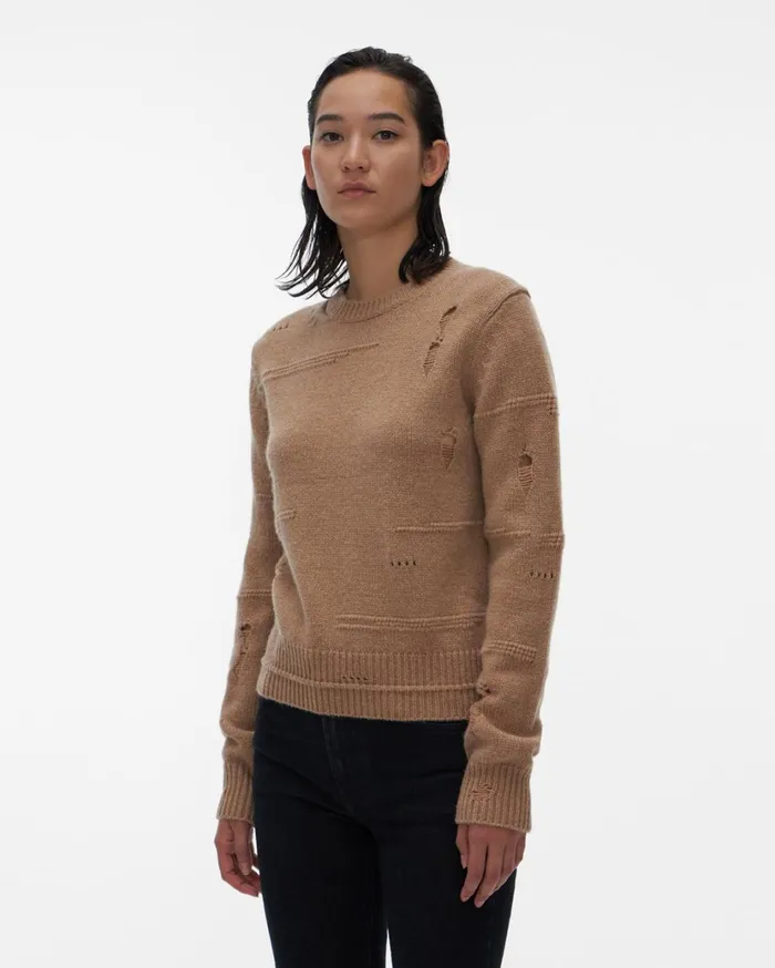 Women Distressed Crewneck Camel Helmut Lang Sweaters