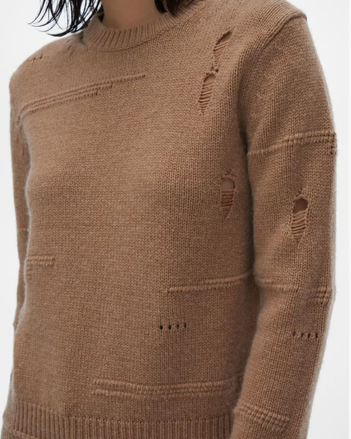Women Distressed Crewneck Camel Helmut Lang Sweaters