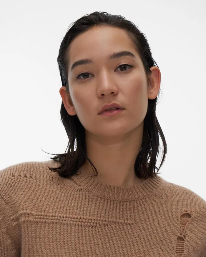 Women Distressed Crewneck Camel Helmut Lang Sweaters