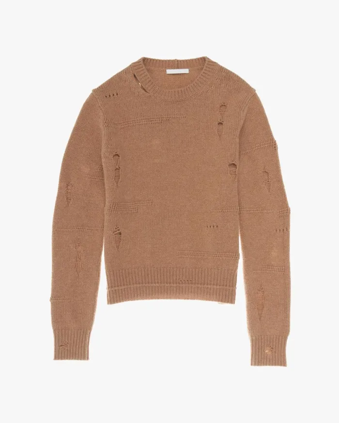 Women Distressed Crewneck Camel Helmut Lang Sweaters