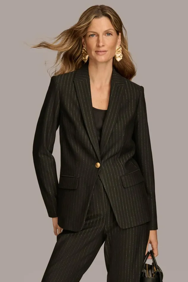 Women Donna Karan Blazers NOVELTY PINSTRIPE ONE BUTTON JACKET Black